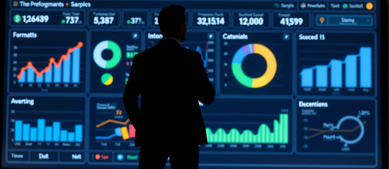 Silhouette de dirigeant devant un dashboard interactif avec des scores